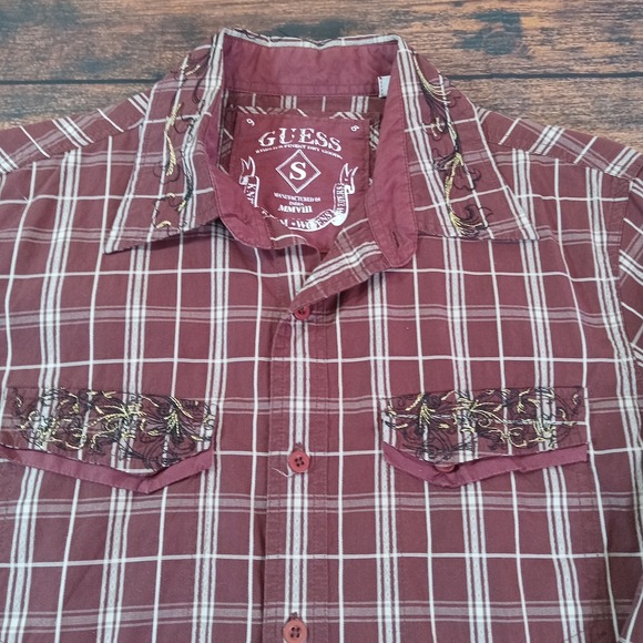 Guess Pearl Snap Embroidered Men's Small Brown Check Long Sleeve Shirt - Picture 1 of 9